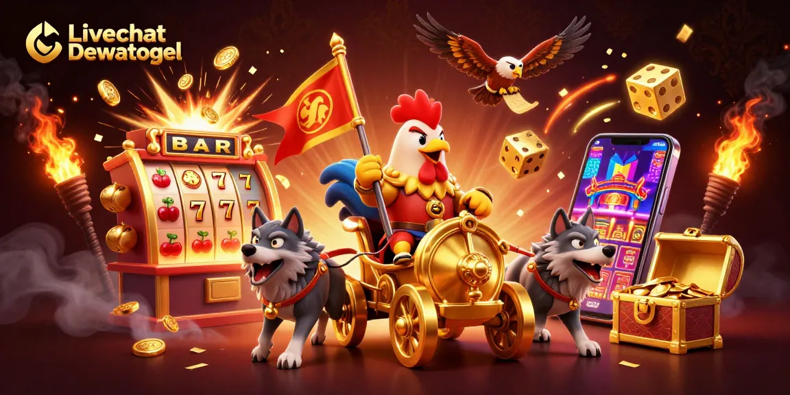 Engage with Livechat Dewatogel in a vibrant scene filled with dynamic casino elements and characters.