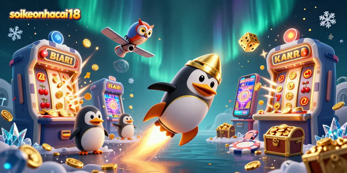 Experience the thrill of soikeonhacai18 with a vibrant casino space scene featuring a golden penguin and exciting symbols.