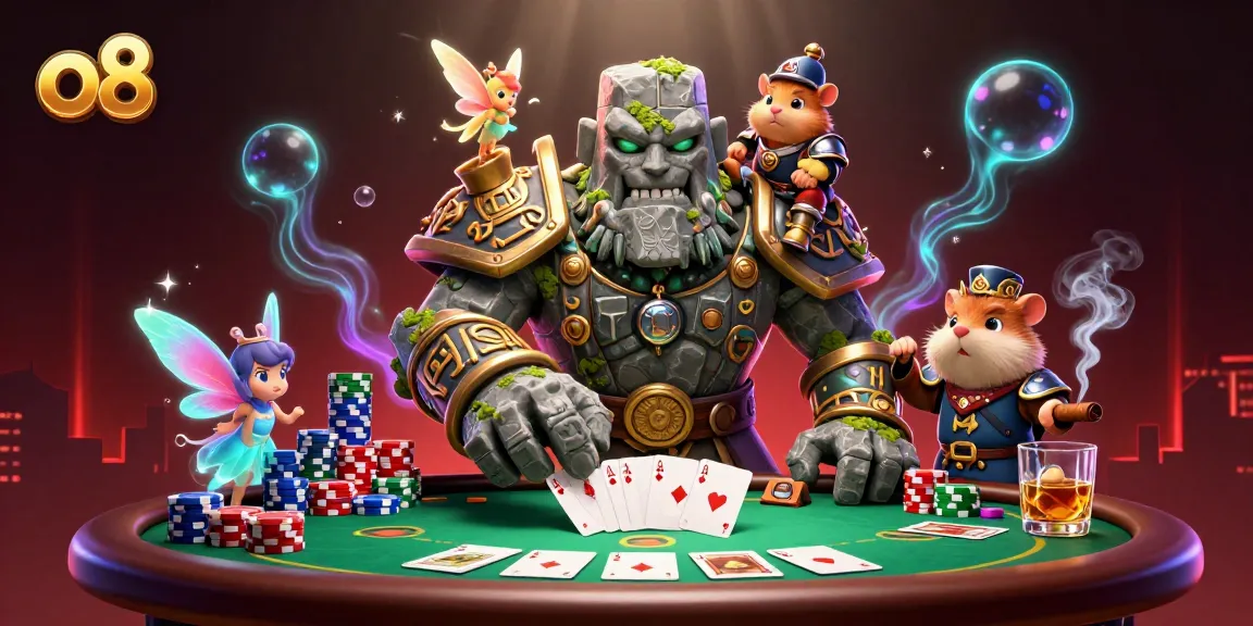 Experience the thrill of the o8 casino with a golem guardian, fairy companion, and hamster knight in action.
