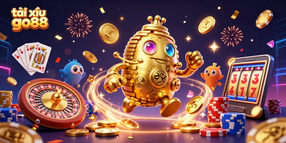 Engage in tài xỉu go88 strategy with an ultra-detailed illustration featuring a golden golem and dynamic casino elements.
