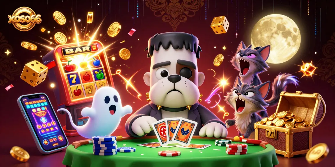 Xoso66 showcases a lively casino scene with a Frankenstein bulldog dealer and vibrant game elements.