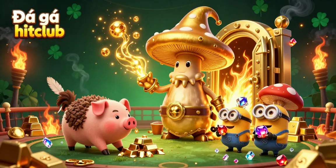 Experience thrilling Đá gà hitclub action with a vibrant 3D illustration featuring golden magic and treasures.