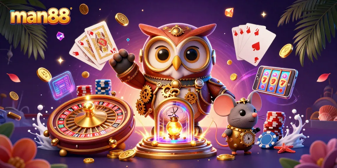Engage in the excitement of man88 with this vibrant casino illustration featuring a time-traveling owl and dynamic game elements.