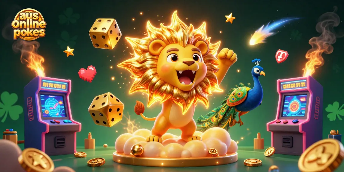 Spin to win with top aus online pokies featuring a roaring lion and golden dice in a vibrant scene.