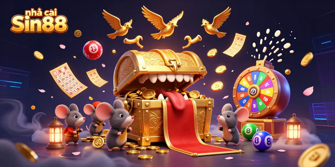 Engaging scene depicting nhà cái Sin88's vibrant lottery actions, enticing adventurer mice amidst golden treasures.