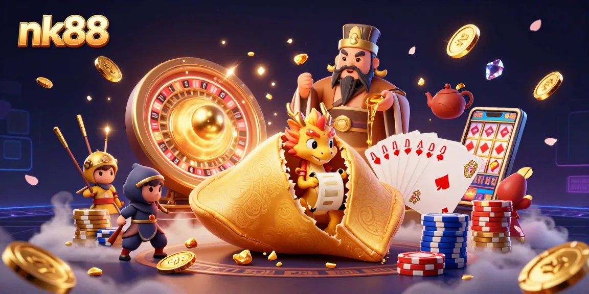Experience exhilarating gaming thrills at nk88 with vibrant golden coins and dynamic casino elements.