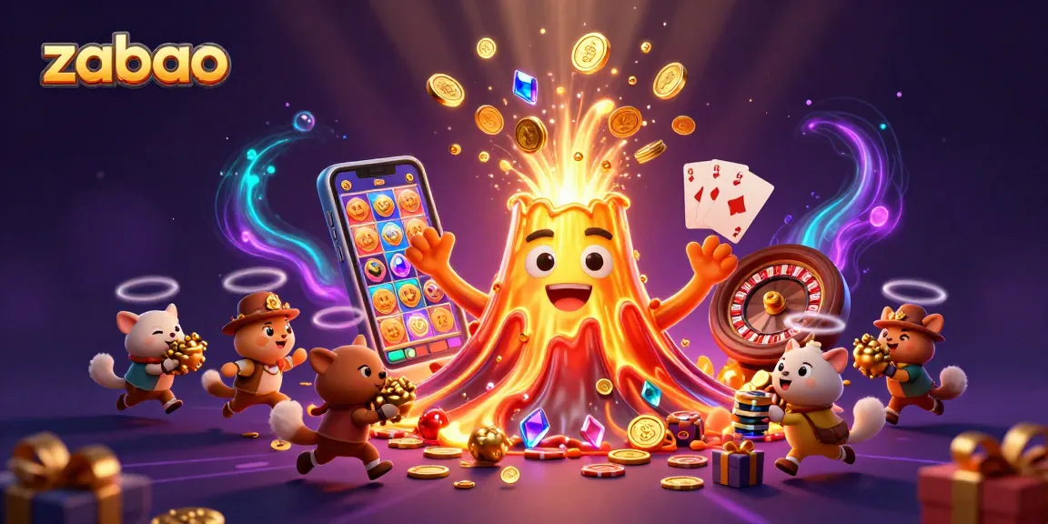 Spin the vibrant slots with zaobao treasures erupting from a golden volcano in this dynamic scene.