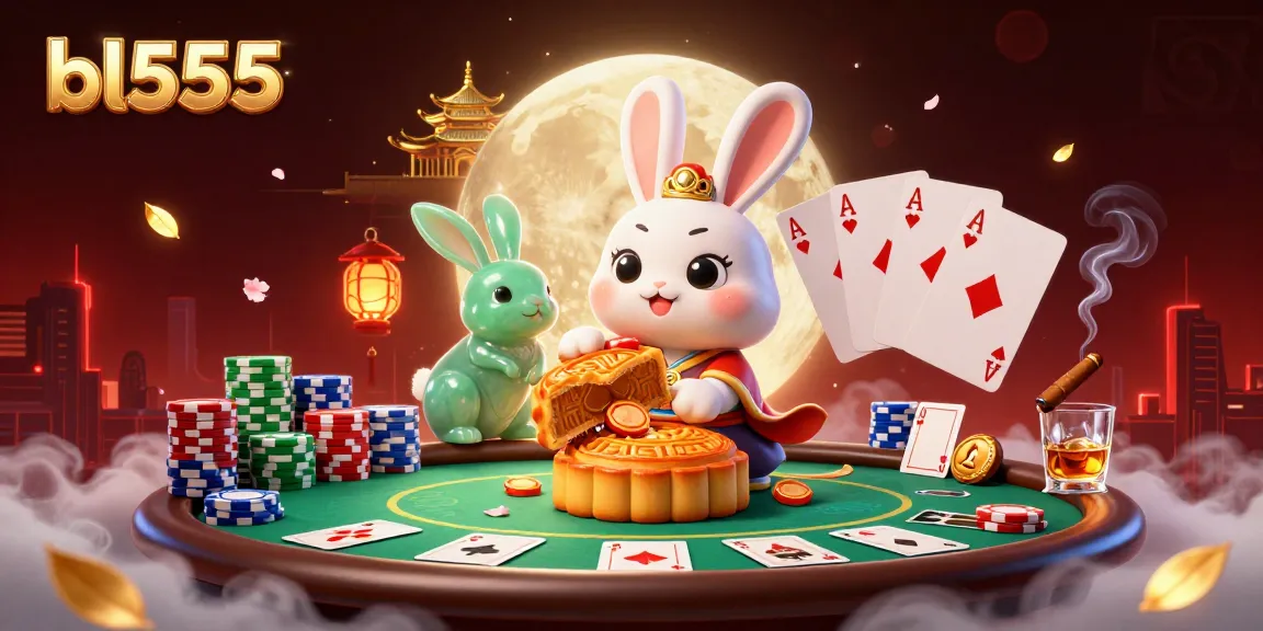 Experience the thrill of bl555 as the moon rabbit reveals poker chips amidst a vibrant casino scene.