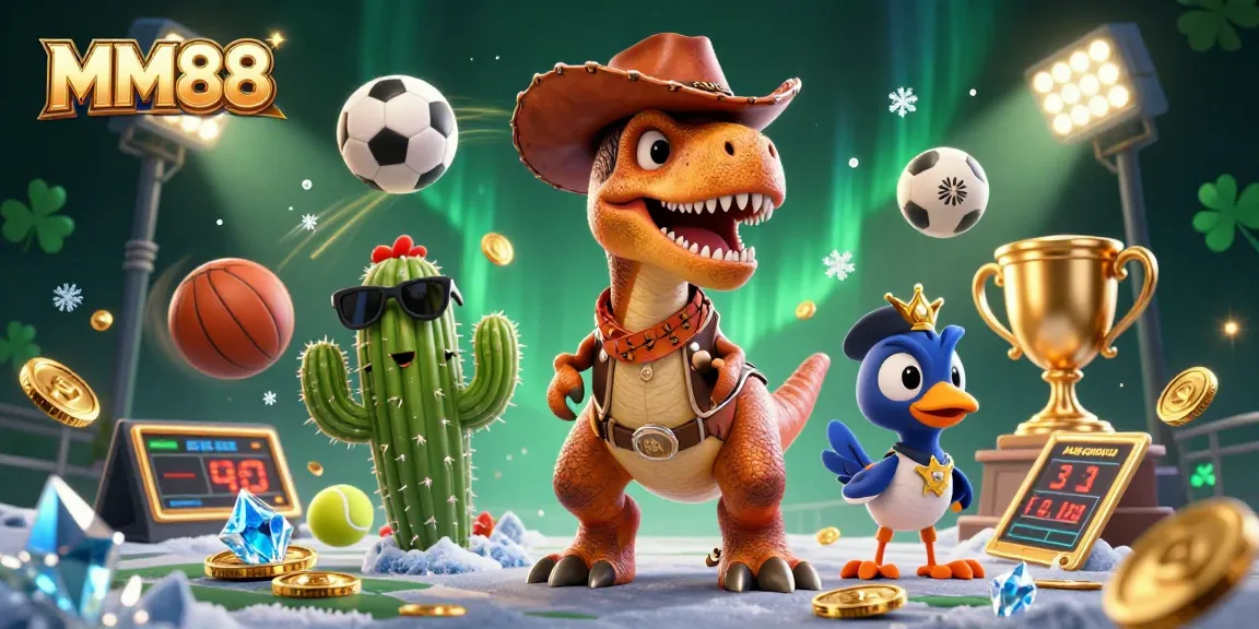 Engage in thrilling MM88 gaming with a vibrant scene featuring a T-Rex and sports elements.