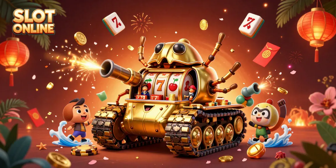 SLOT ONLINE showcases an exciting scene with a golden beetle tank, mini casino elements, and vibrant game symbols.