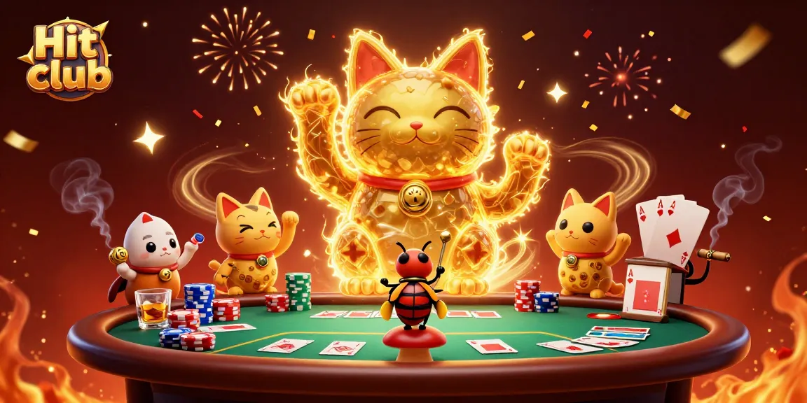 Experience the Hit club with a lively golden lucky cat and dynamic casino elements