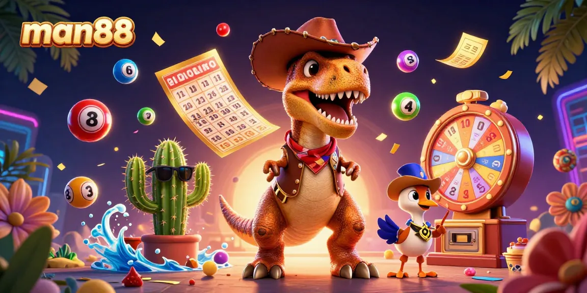 Engage with man88's vibrant lottery-themed 3D illustration featuring a cowboy dinosaur and friends.