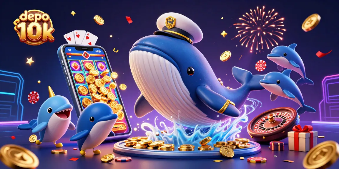 Experience thrilling gameplay with depo 10k as a giant whale breaches a sea of coins while playful dolphins flip poker chips.