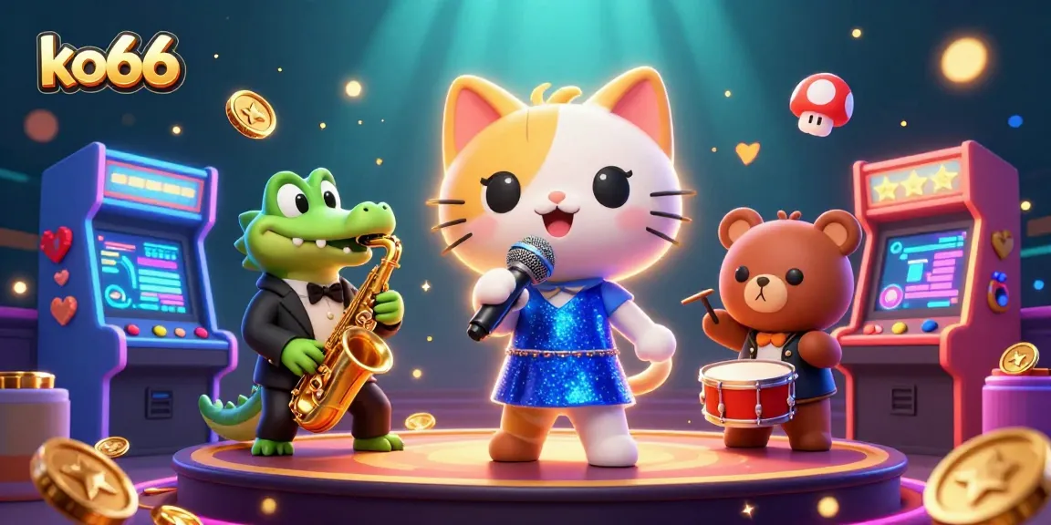 Play at ko66 and enjoy a vibrant casino experience with a jazzy cat, crocodile, and bear in action.