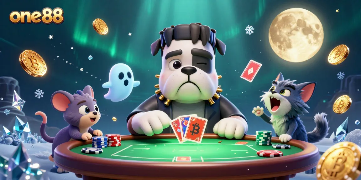 Compete for victories at one88's thrilling poker table featuring a spooky bulldog dealer and unique characters.
