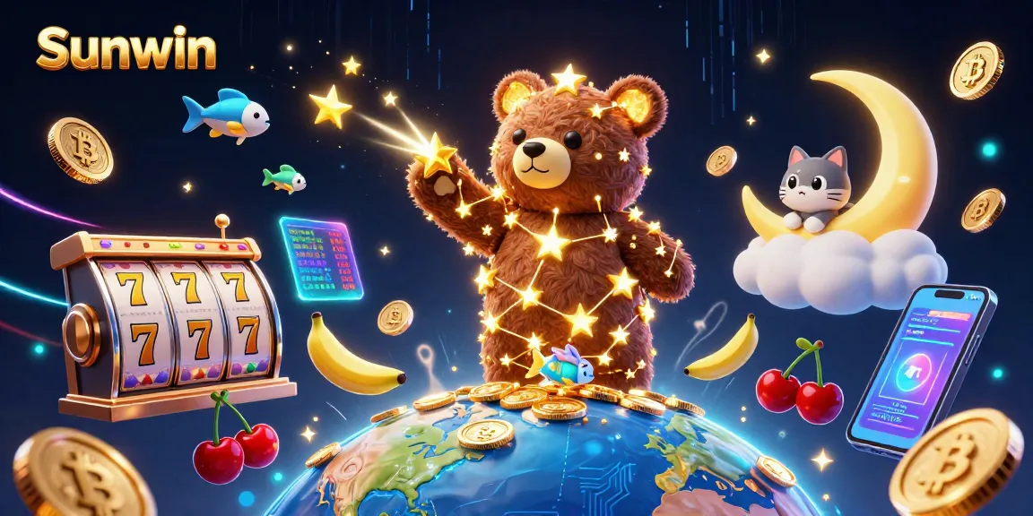 Sunwin invites players to enjoy thrilling slot games with a golden constellation bear and vibrant symbols.