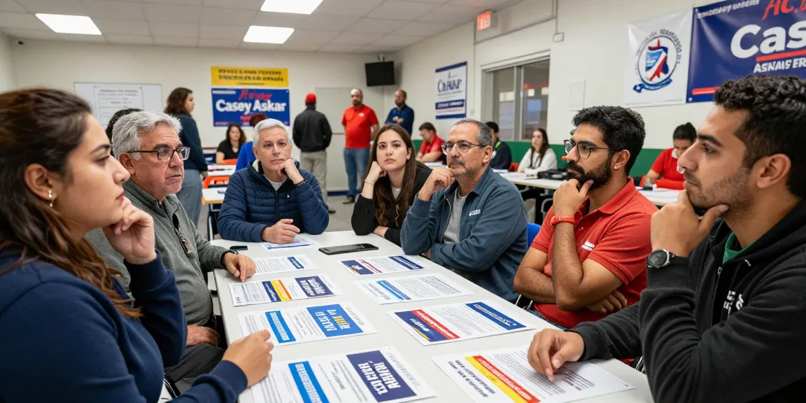 Community members discussing Casey Askar's controversies during a political campaign meeting
