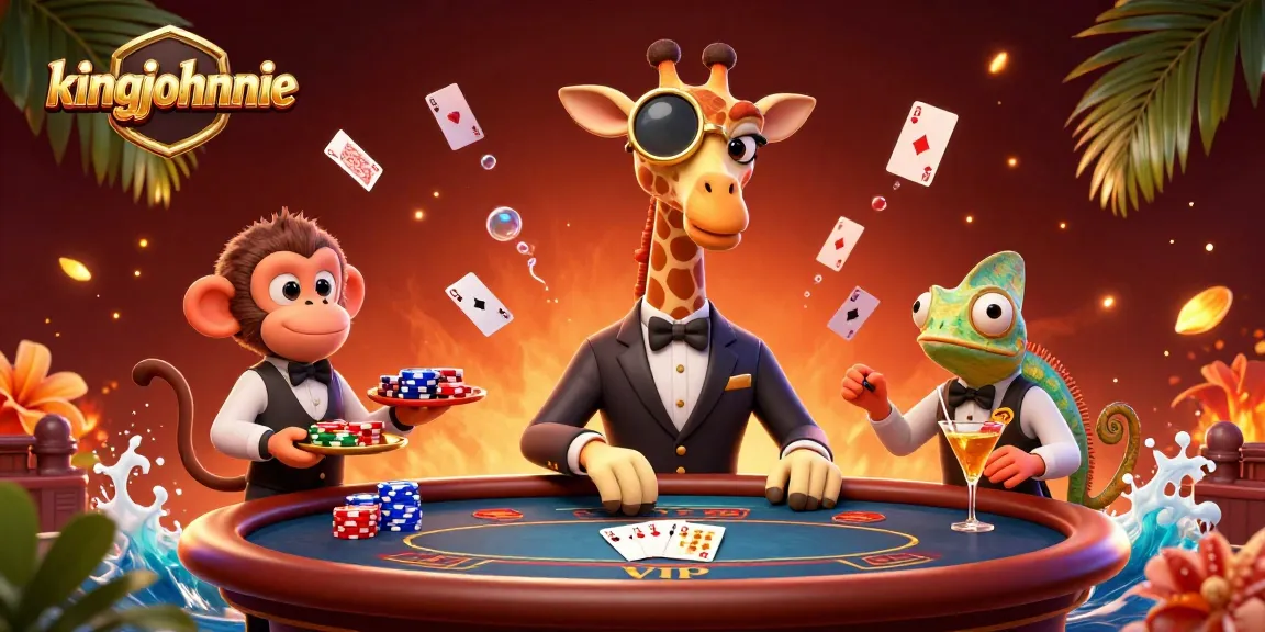 Experience exciting poker action with kingjohnnie's vibrant illustration of a giraffe, monkey, and chameleon.