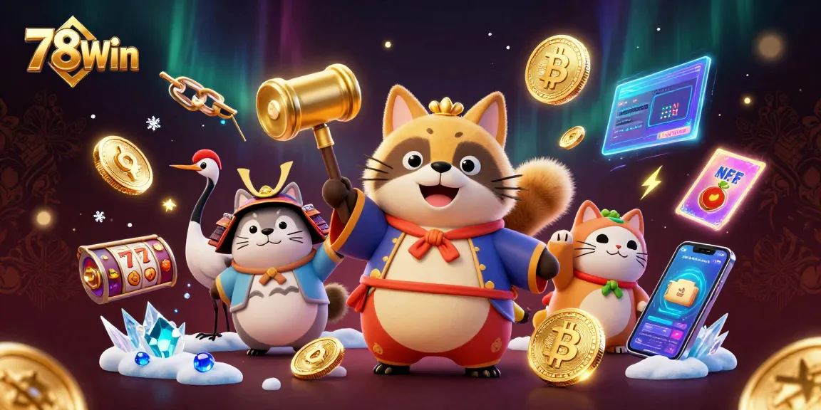 Engage with 78Win through a vibrant illustration featuring a cheerful tanuki celebrating with lucky symbols and crypto elements.