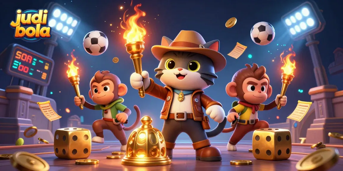 Experience the thrill of judi bola with vibrant sports elements, golden artifacts, and dynamic characters.