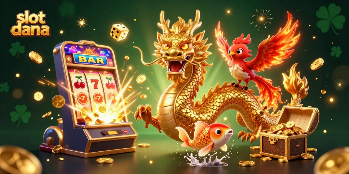 Engage in winning strategies at slot dana with a vibrant scene of an energetic dragon, phoenix, and koi fish.