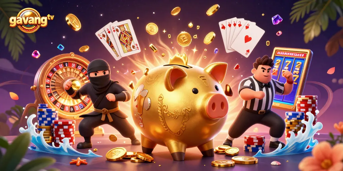 Dynamic illustration of gavang tv featuring a golden piggy bank wrestler, coins, and casino elements.