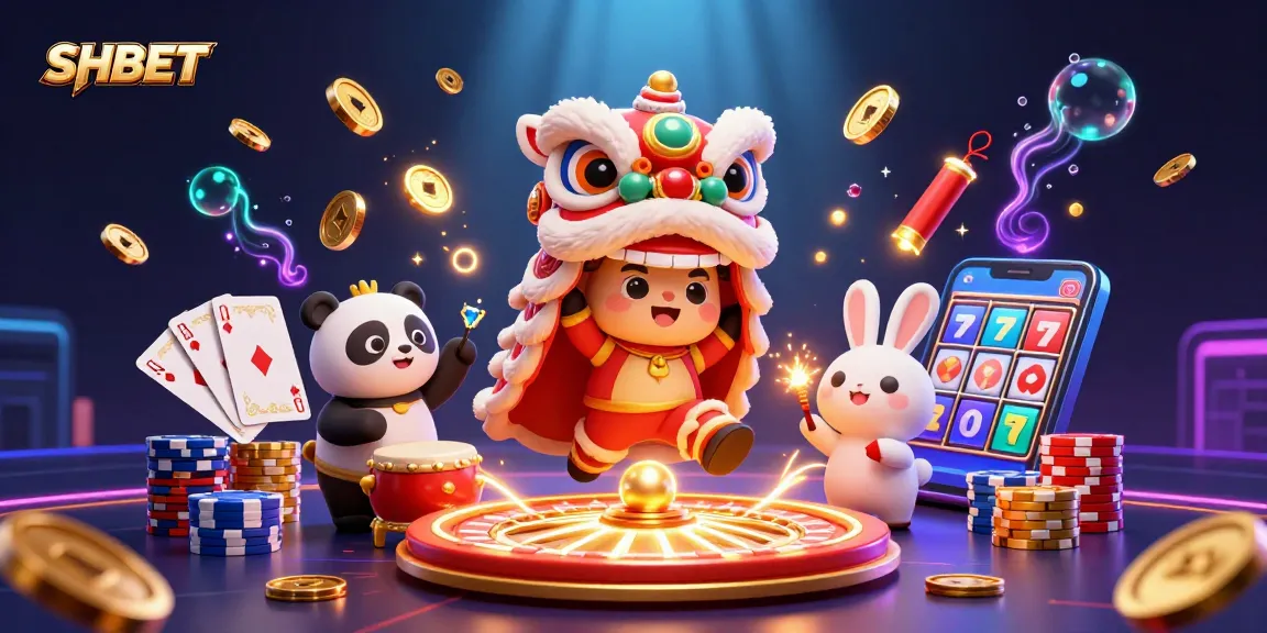 Experience excitement at SHBET with festive characters and vibrant casino elements dancing together.