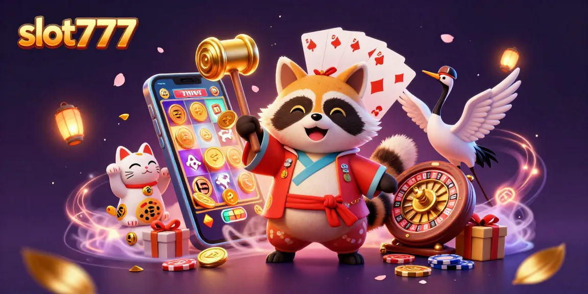 Play slot777 with animated characters, vibrant fortune cats, and exciting casino elements.