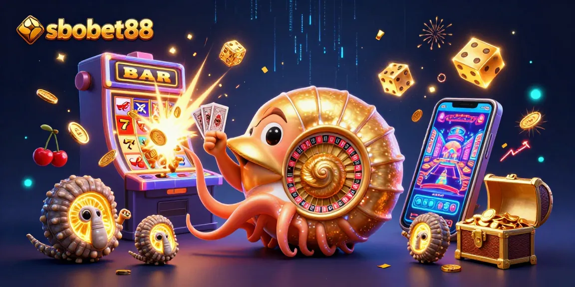 Experience thrilling gaming with sbobet88 in a colorful 3D casino illustration, featuring a giant nautilus and vibrant jackpot elements.